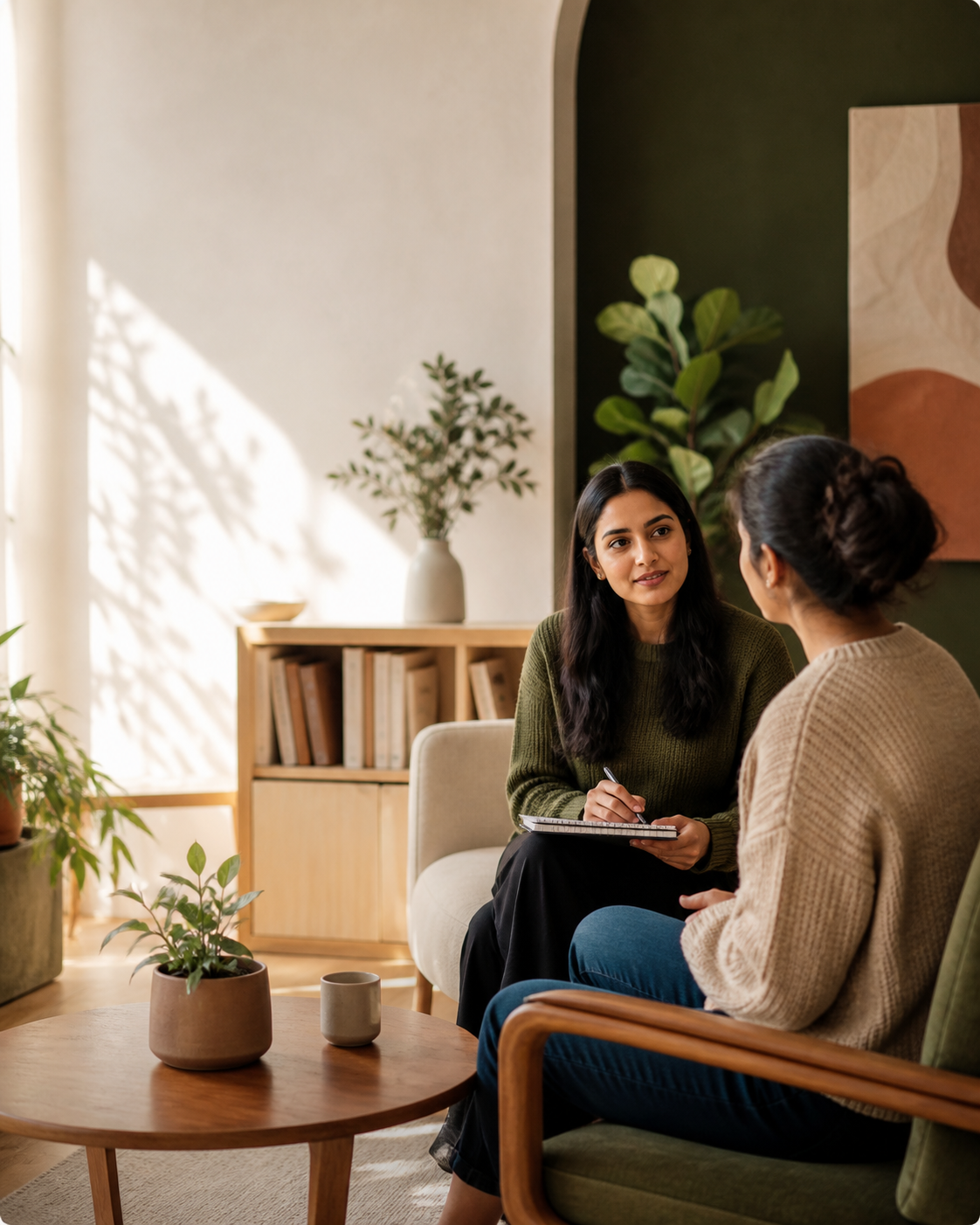 Student talking with a peer in a calm practice space