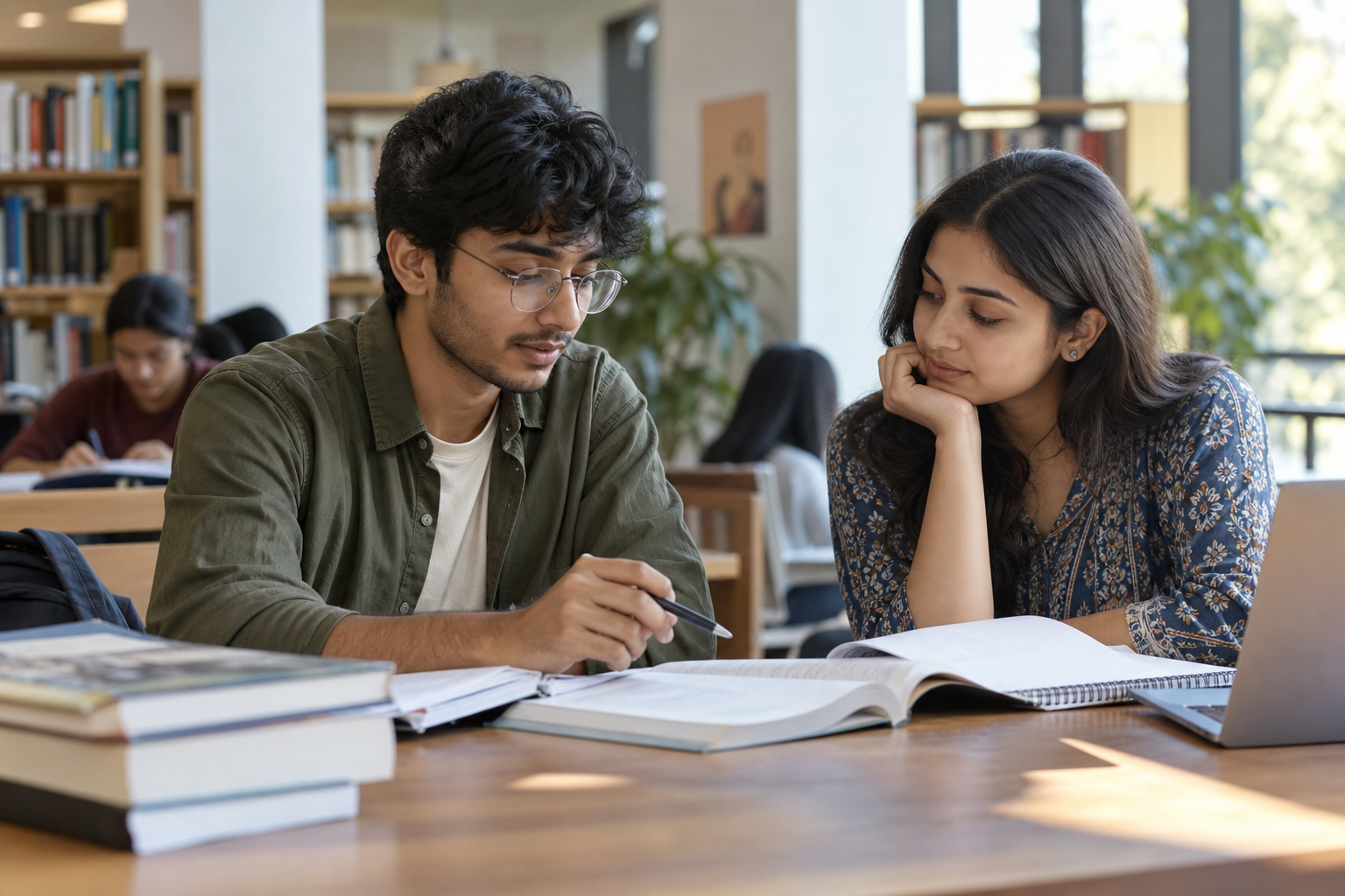 Indian psychology students learning together in a library