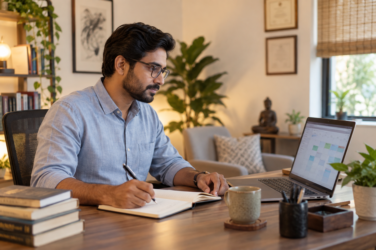 Indian psychologist planning a practice schedule